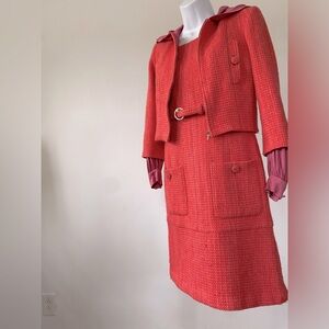 CHANEL 2016 documented coral tweed dress with hooded cropped jacket sz 36